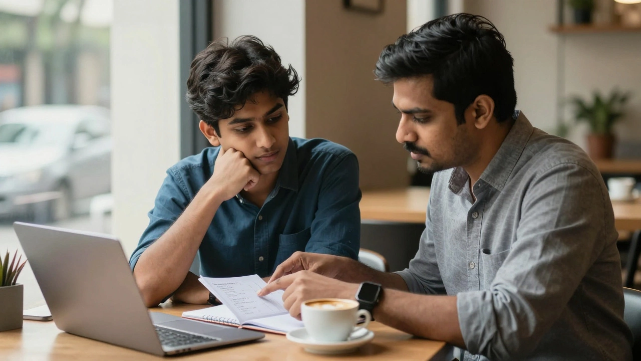 A junior developer learning from a mentor over coffee, with code notes visible on a notebook between them.