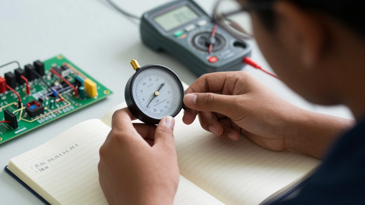 A student carefully calibrating a galvanometer in a physics lab, recording precise measurements.