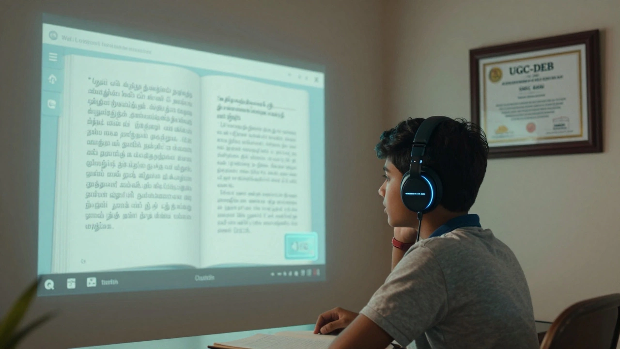 A student uses an AI-powered audio tutor on a textbook, with a recognized distance education certificate on the wall.