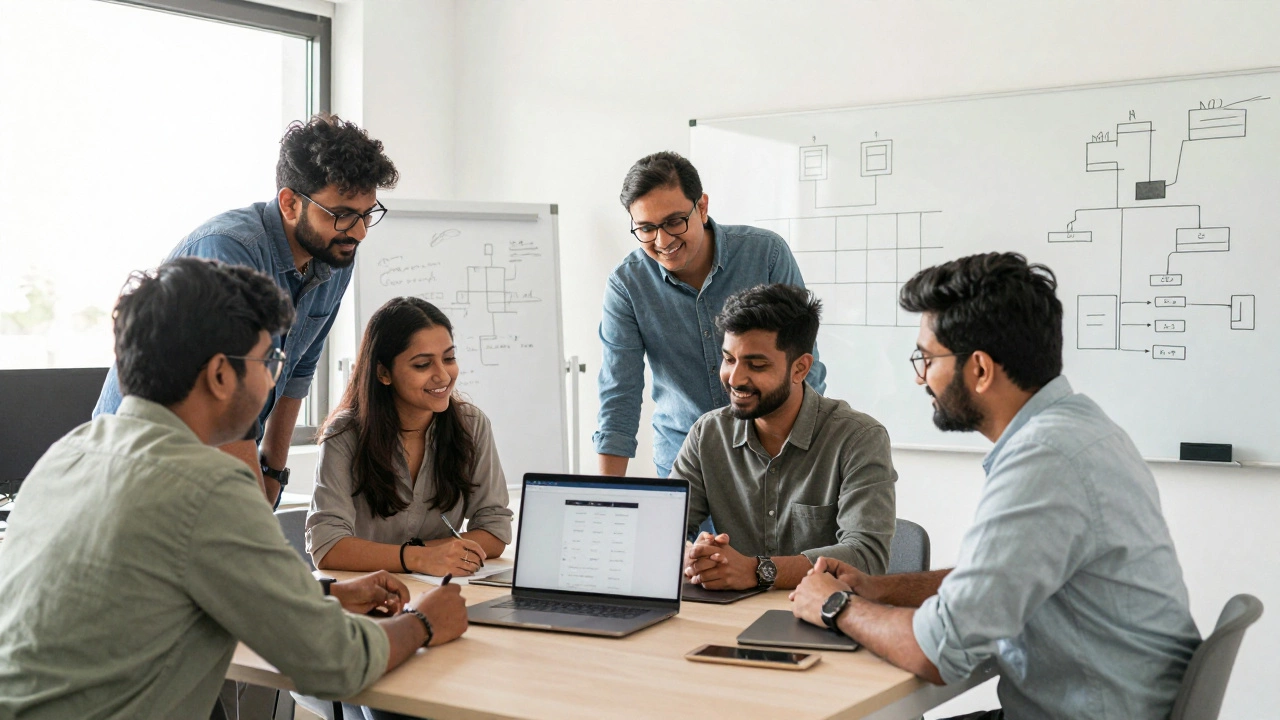 A team of developers collaborating in a bright office, smiling as they review a working application on a shared screen.