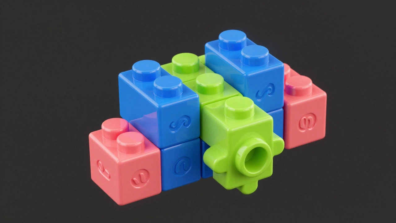 Colorful puzzle blocks floating and connecting in mid air.