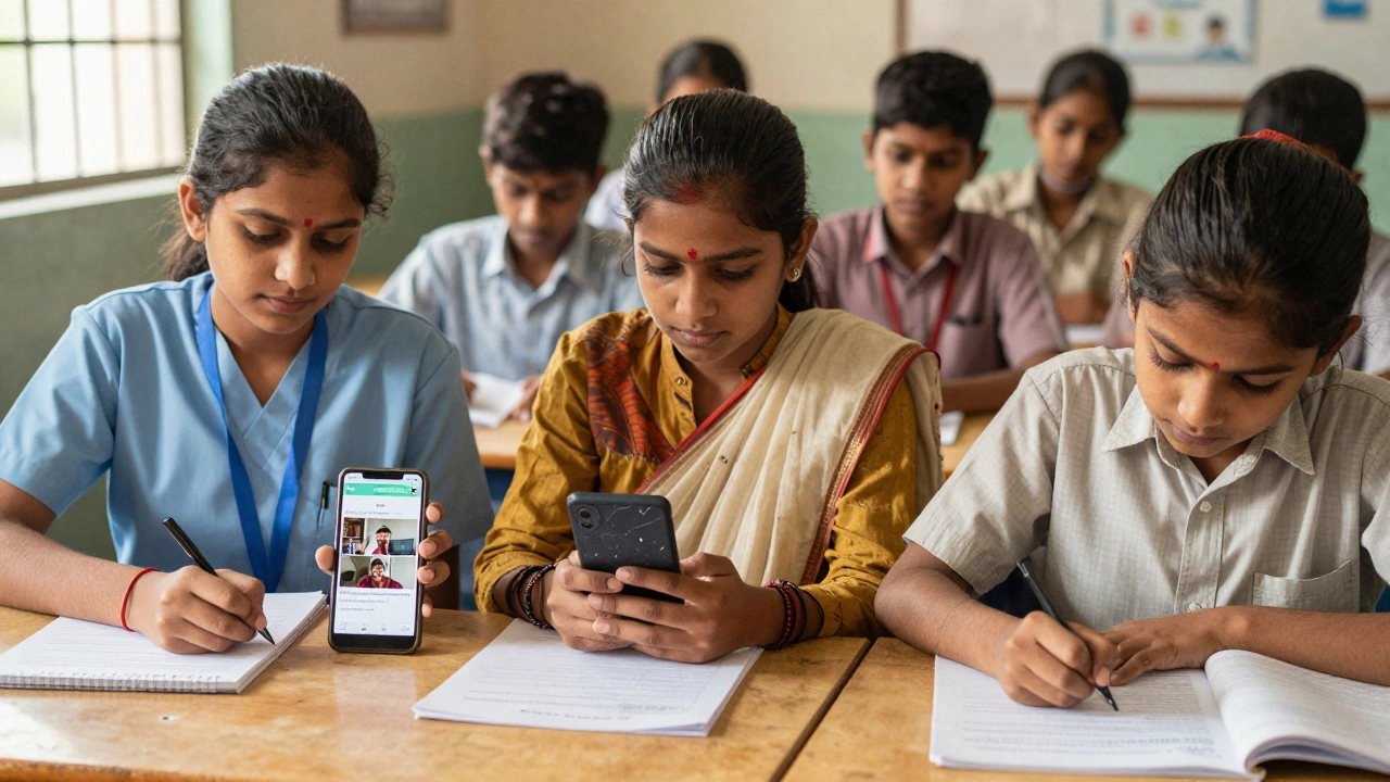 Diverse learners in India engage with distance education through phones, mail, and local exam centers.