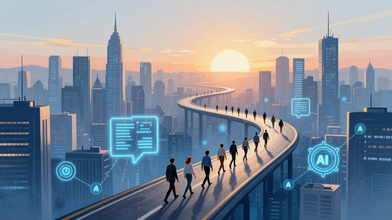 Illustration of developers walking a digital path towards a futuristic city horizon.