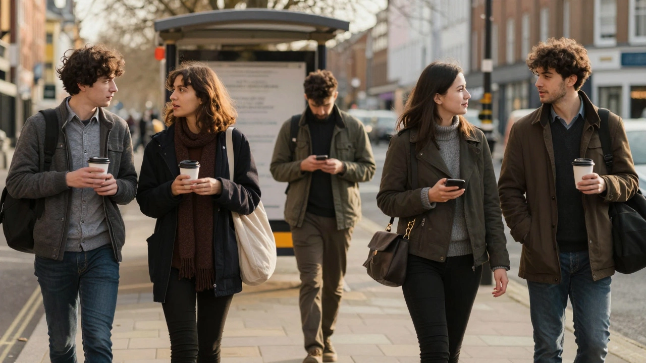 People having small, confident English conversations in everyday settings.