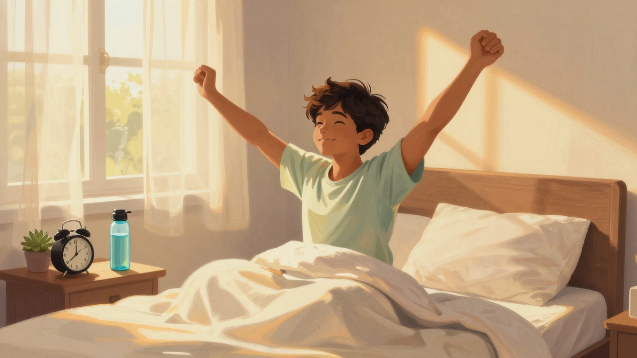 Refreshed student waking up to morning sunlight in bedroom