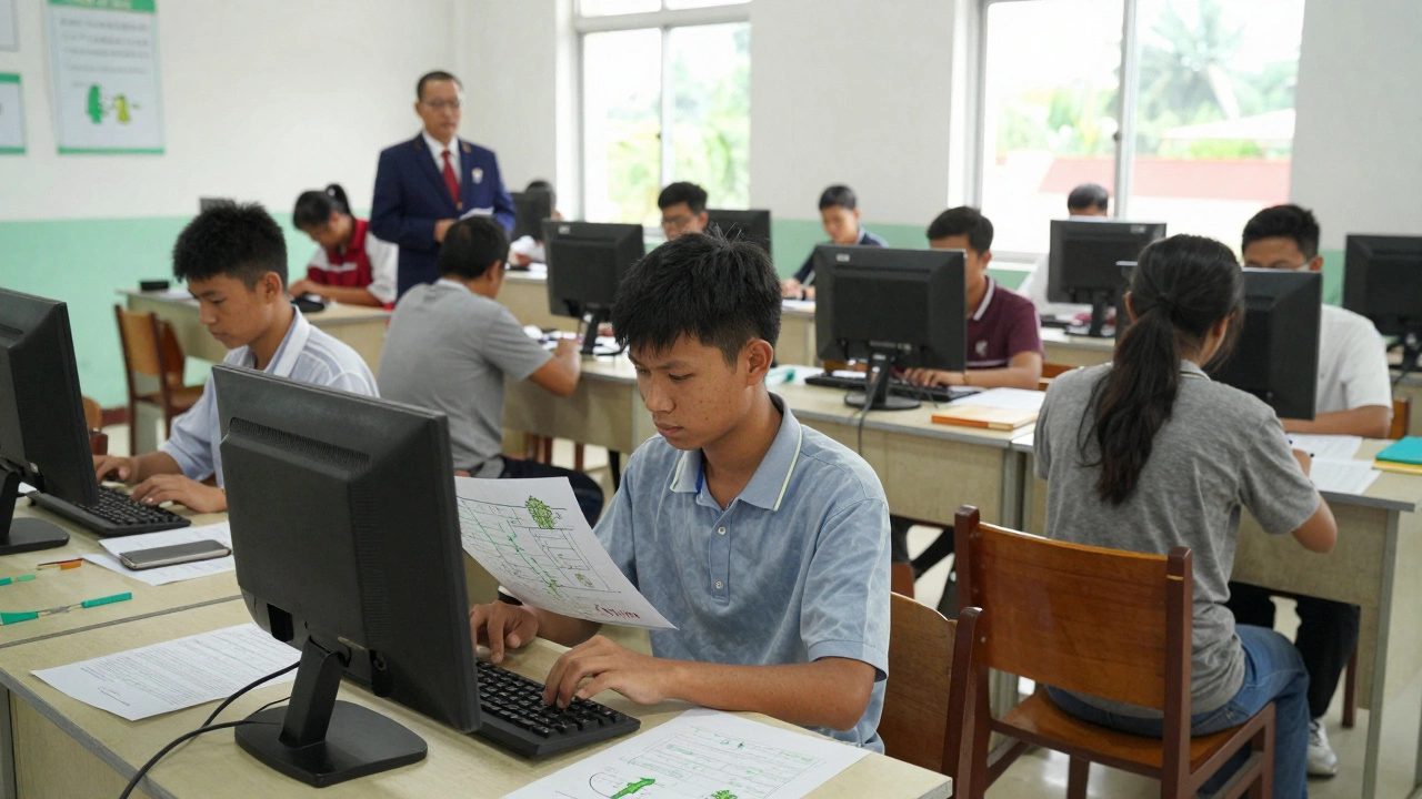 Rural applicants taking a government exam in a quiet hall, one typing, another studying irrigation diagrams.