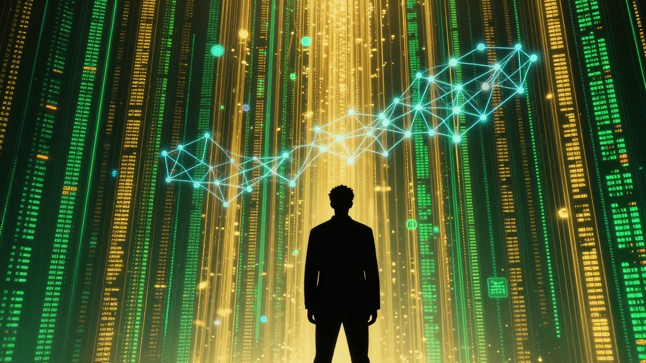 Silhouette of engineer before data streams representing fintech and AI systems.