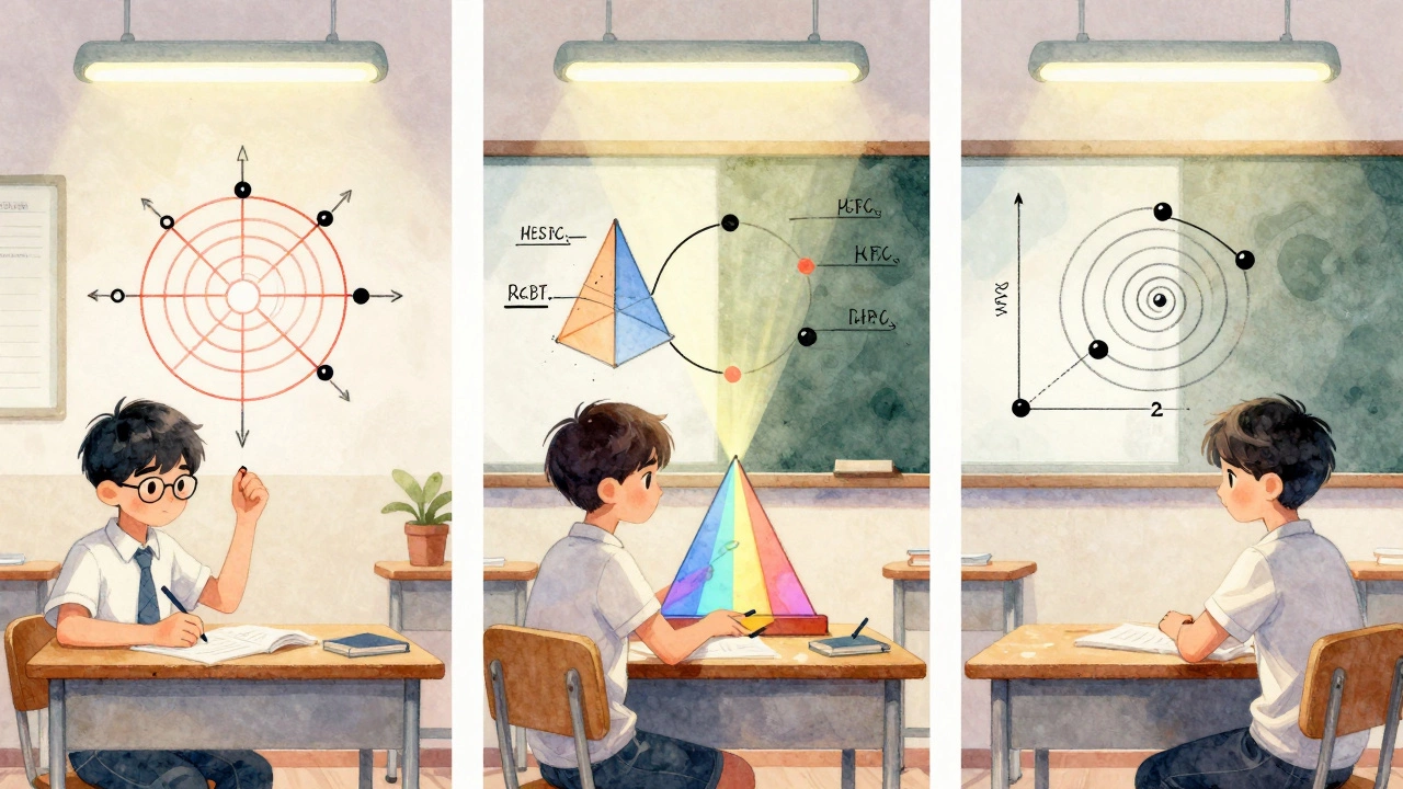 Three students visualizing physics concepts through drawing: magnetic fields, light refraction, and charged particle motion.