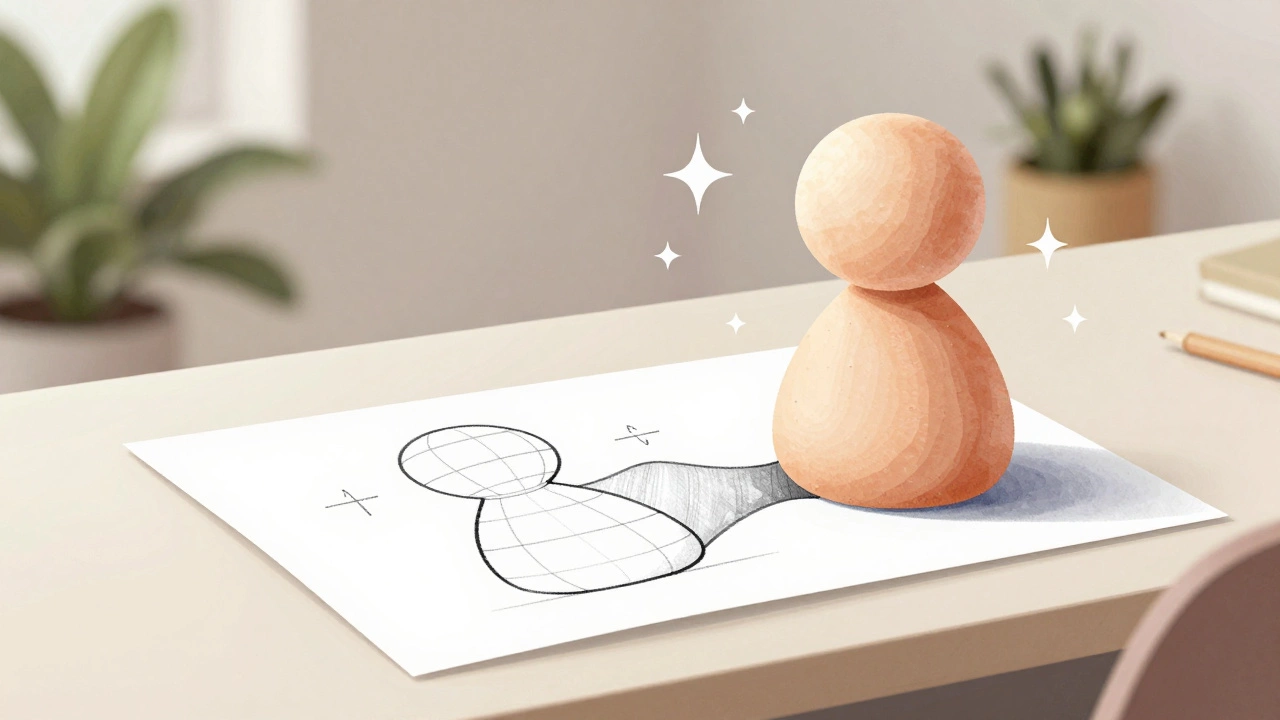 Wireframe sketch transforming into a colorful 3D model on desk.