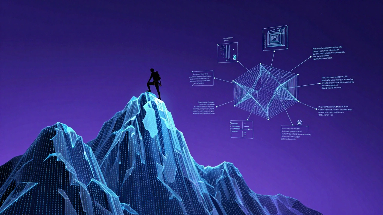 A climber ascending a mountain made of binary code and geometric data structures
