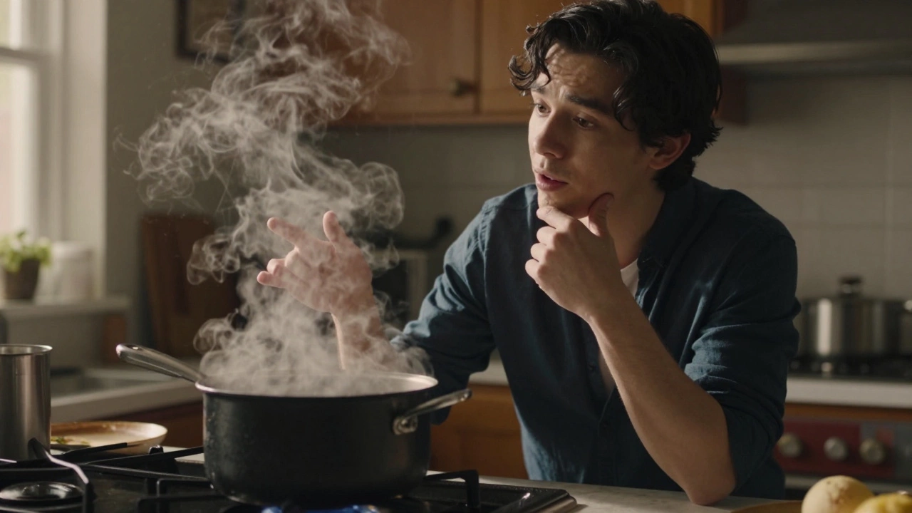 A person narrating their cooking process aloud in a warm, cozy kitchen.