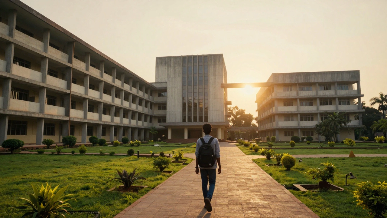 An aspiring student walking towards a prestigious Indian Institute of Technology campus