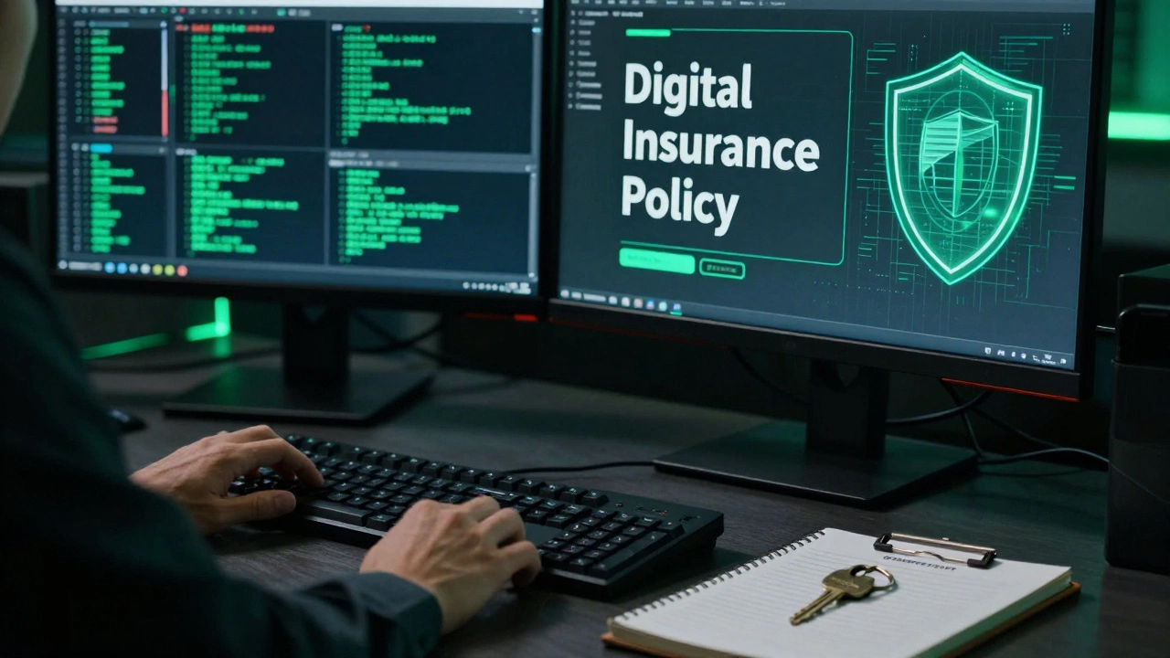 Cybersecurity workspace with monitors showing security code and digital shields.