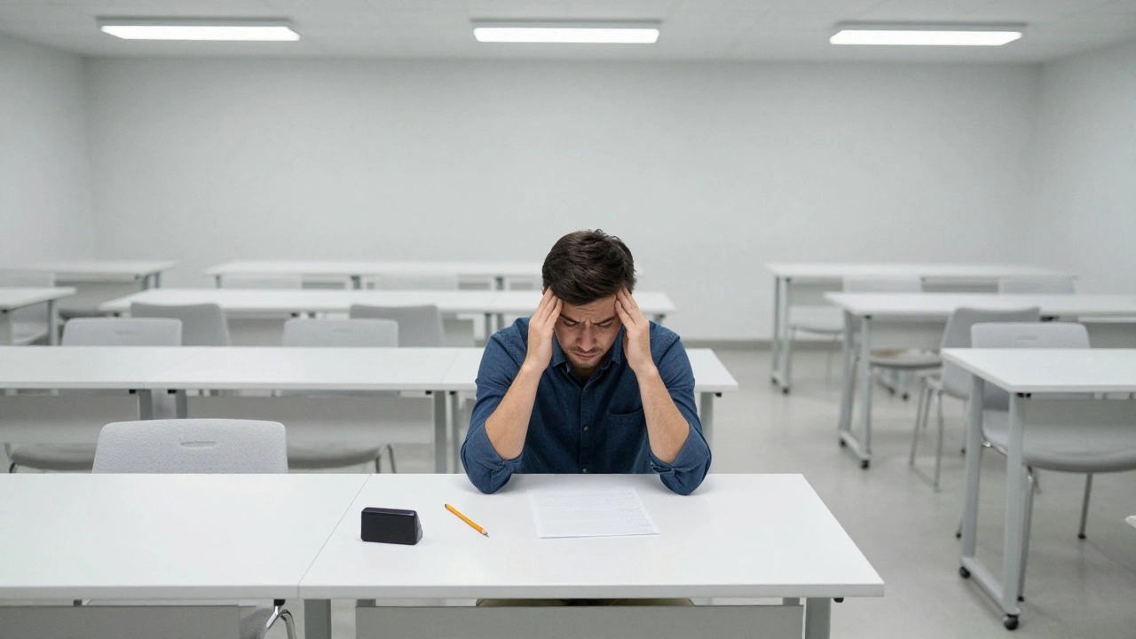 Exhausted student in a large, clinical examination hall