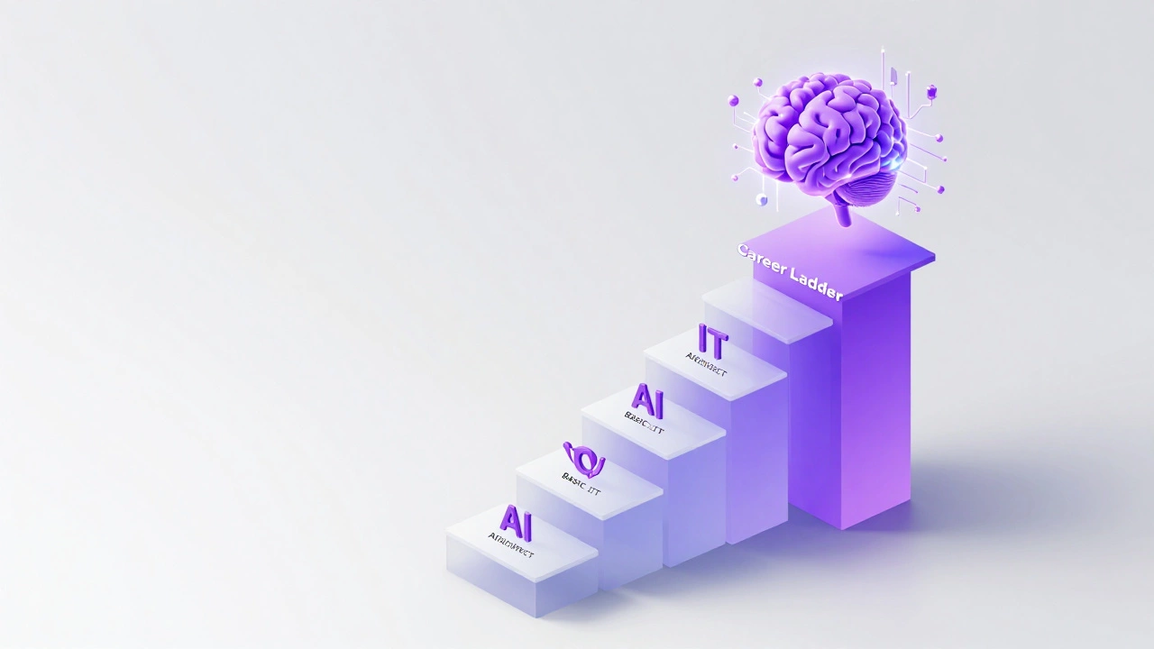 Isometric 3D career ladder ascending toward a glowing AI digital brain symbol.