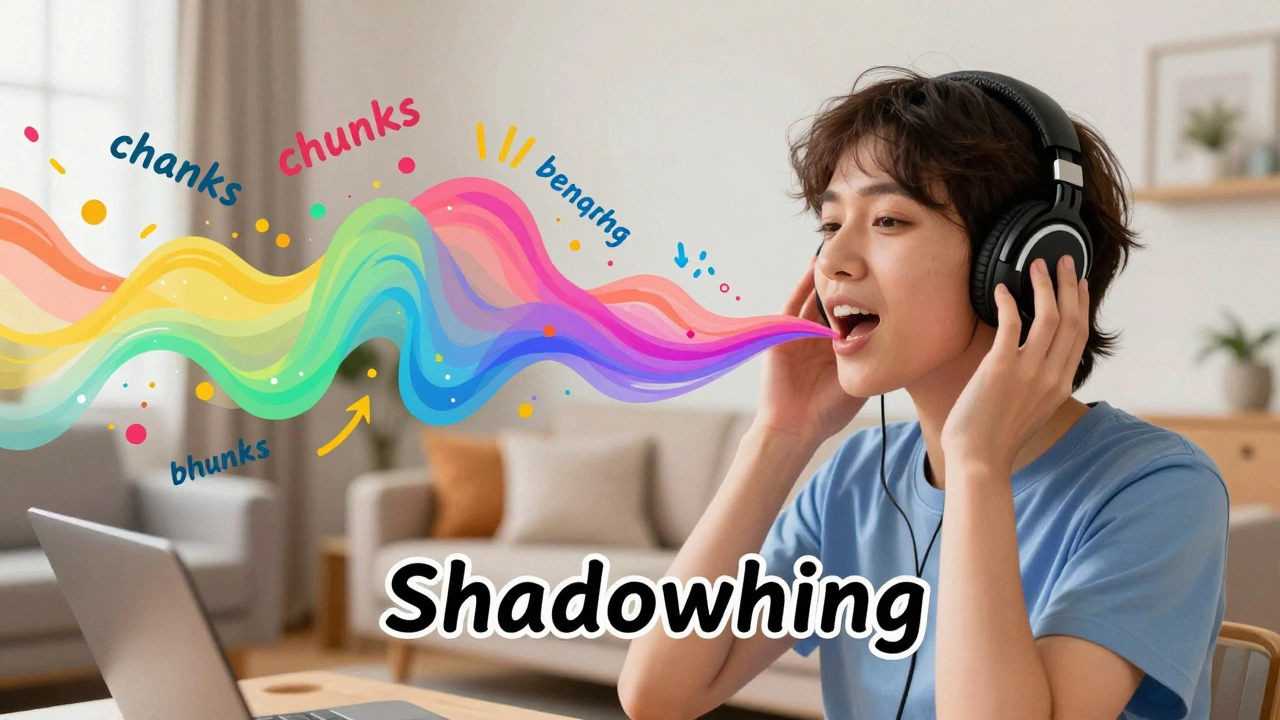 Person with headphones speaking aloud with colorful sound waves representing language acquisition.