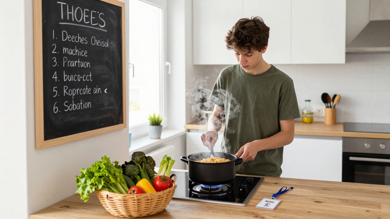 Student in a shared European kitchen with home-cooked food and a student ID