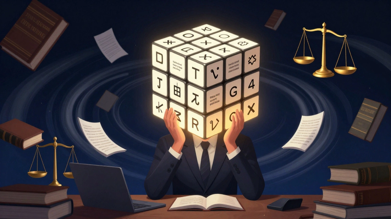 Surreal illustration of a person with a Rubik's cube head and law symbols