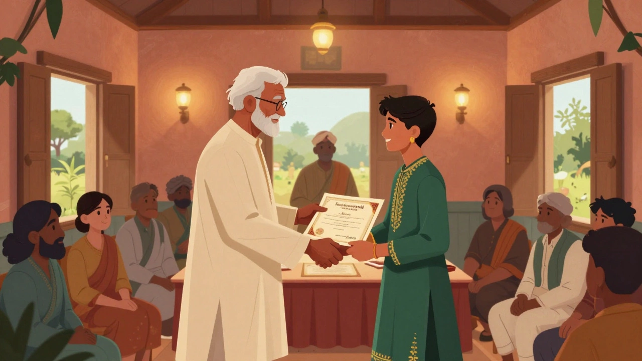 A student receiving a community scholarship award in a small Indian village hall.