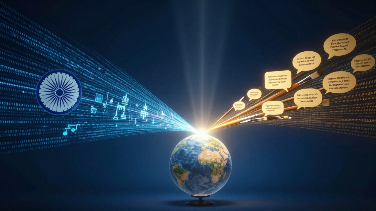 Abstract light streams merging technical skills with creative abilities globally.