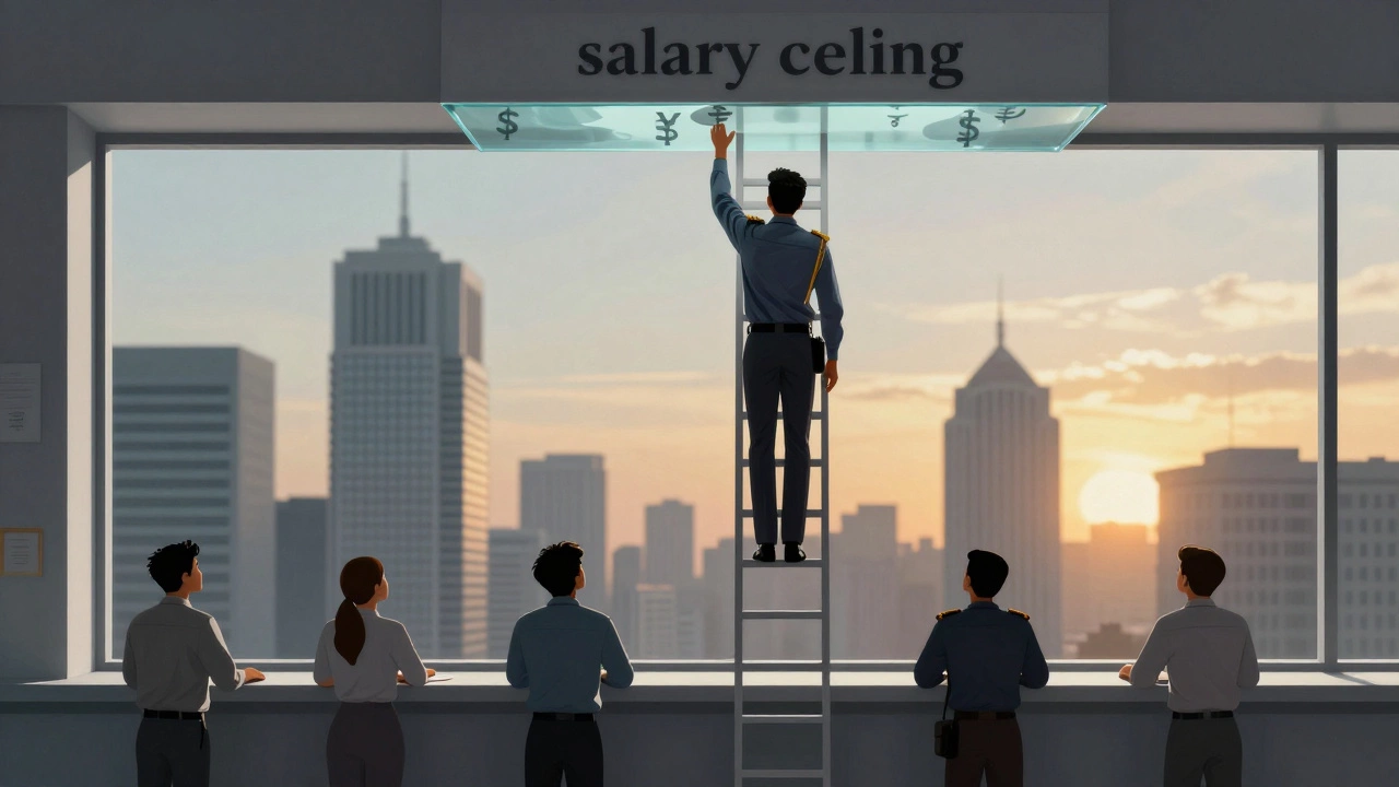 Civil servant blocked by an invisible glass ceiling while corporate towers rise outside.