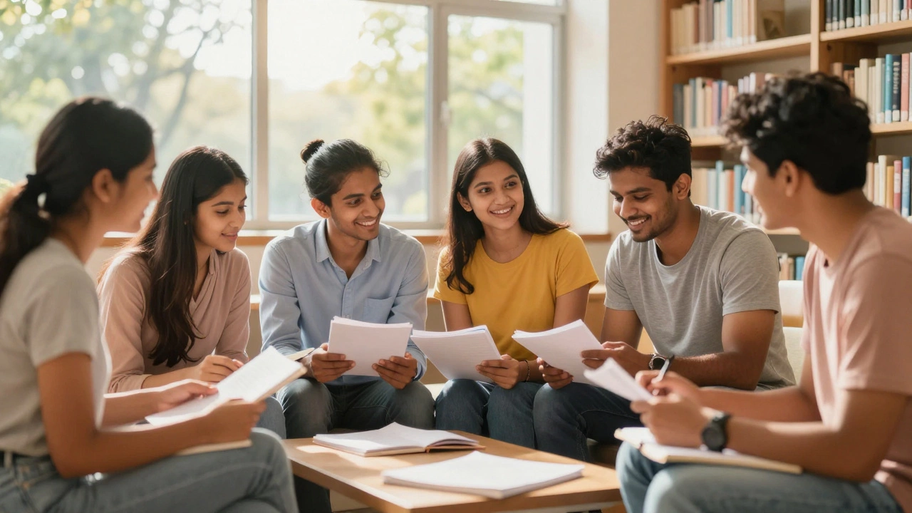 Group of students collaborating happily in a bright, supportive study environment