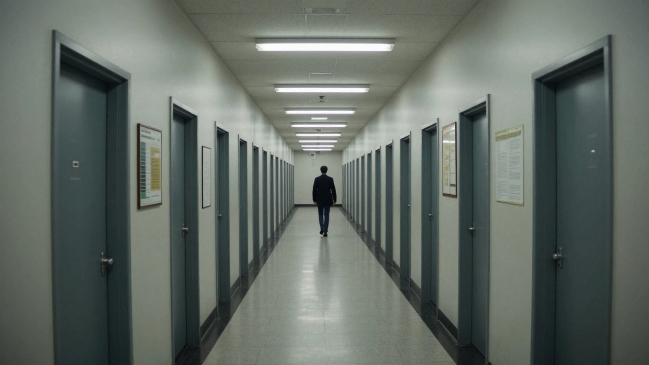 Isolated figure walking through a long, maze-like government corridor.