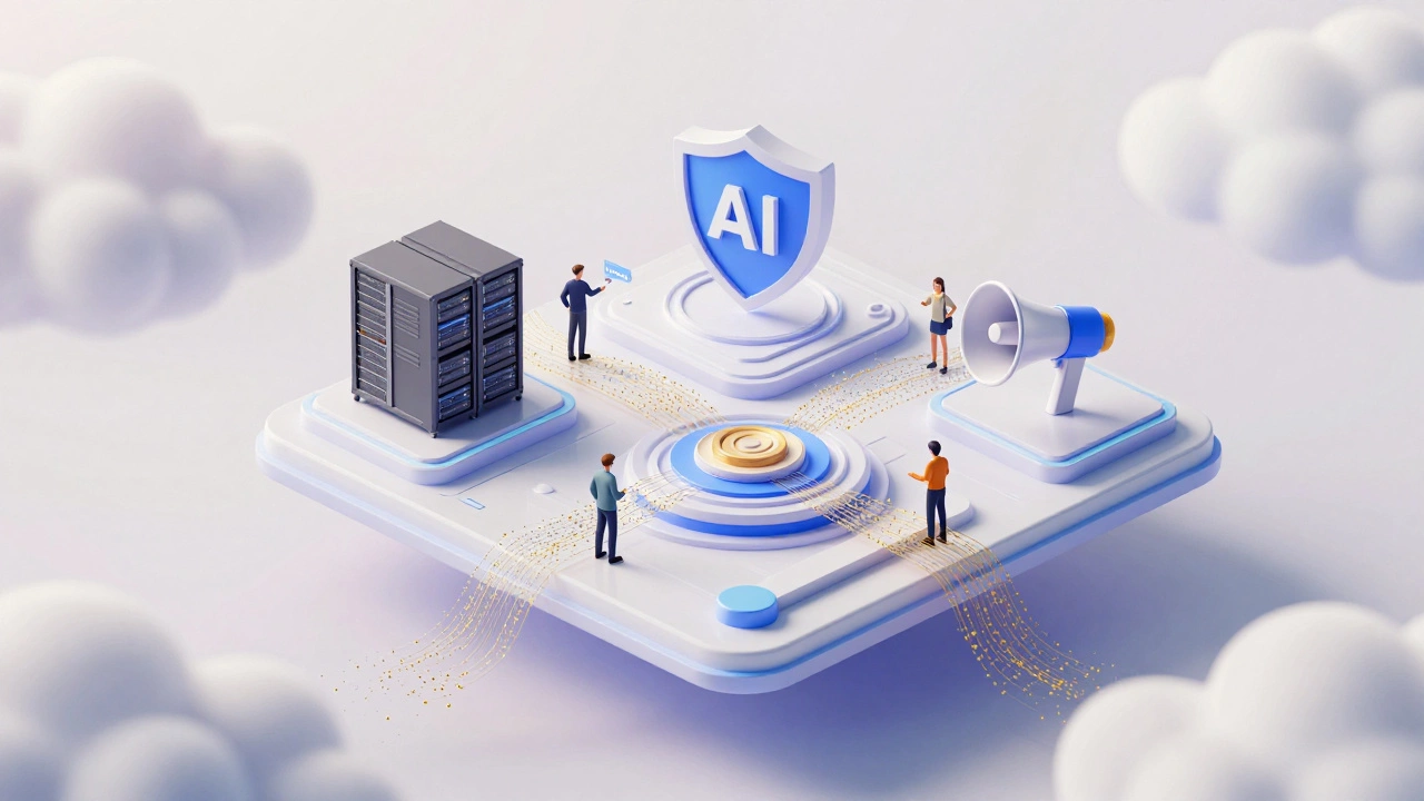Isometric 3D render of futuristic educational hub with AI and security icons