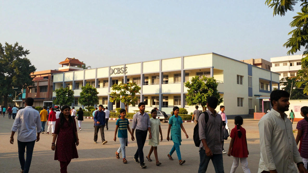Parents and students near a new modern school in a growing Indian city