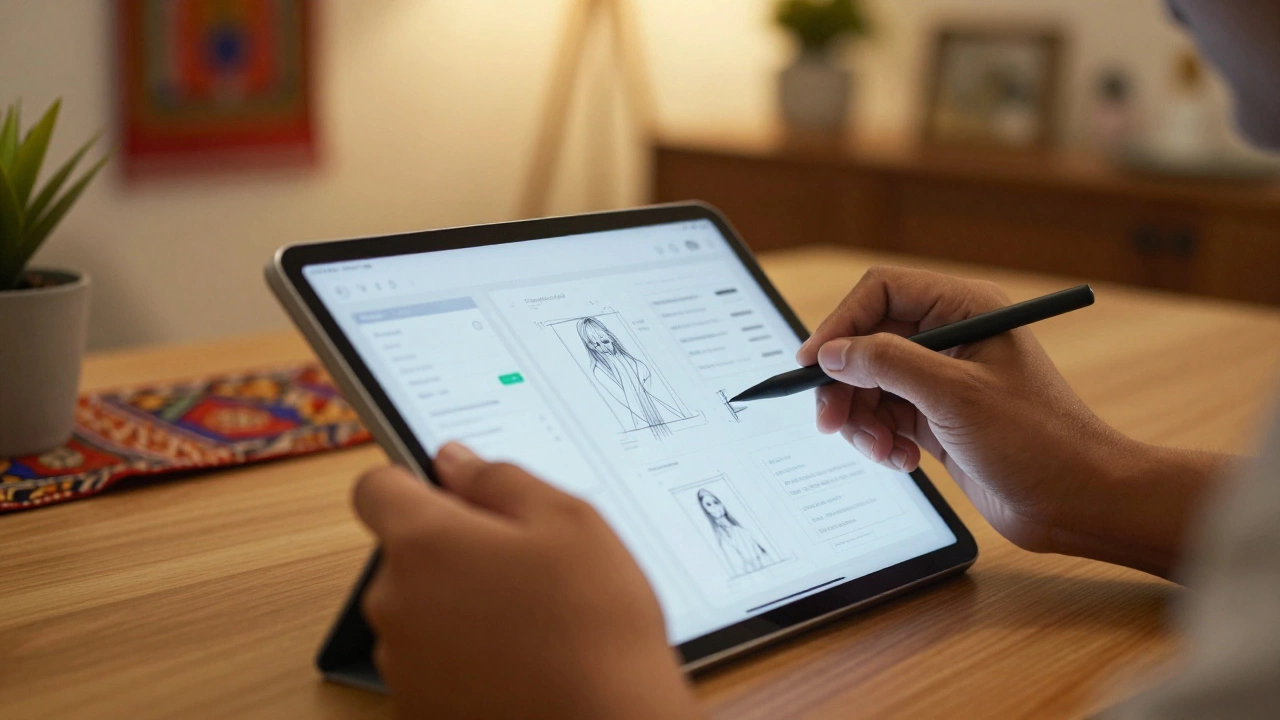 Person using a tablet for creative work in a warm, cozy home office