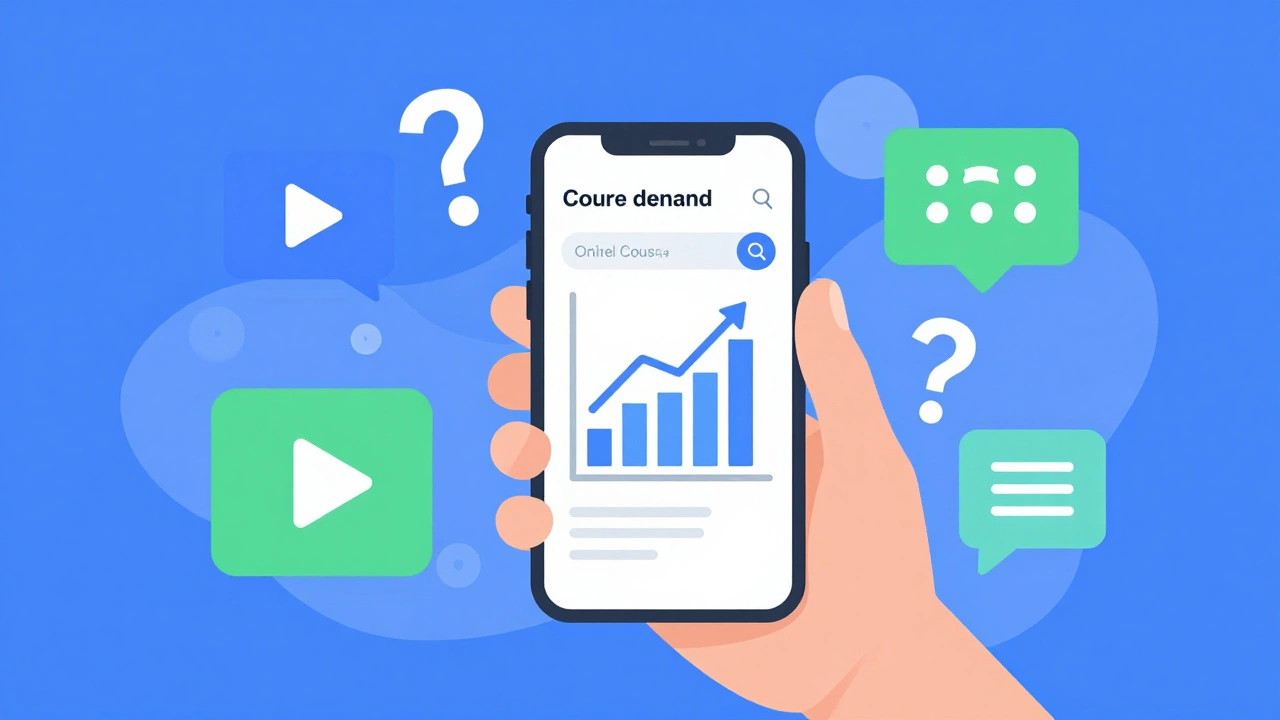 Smartphone showing search trends and market validation icons