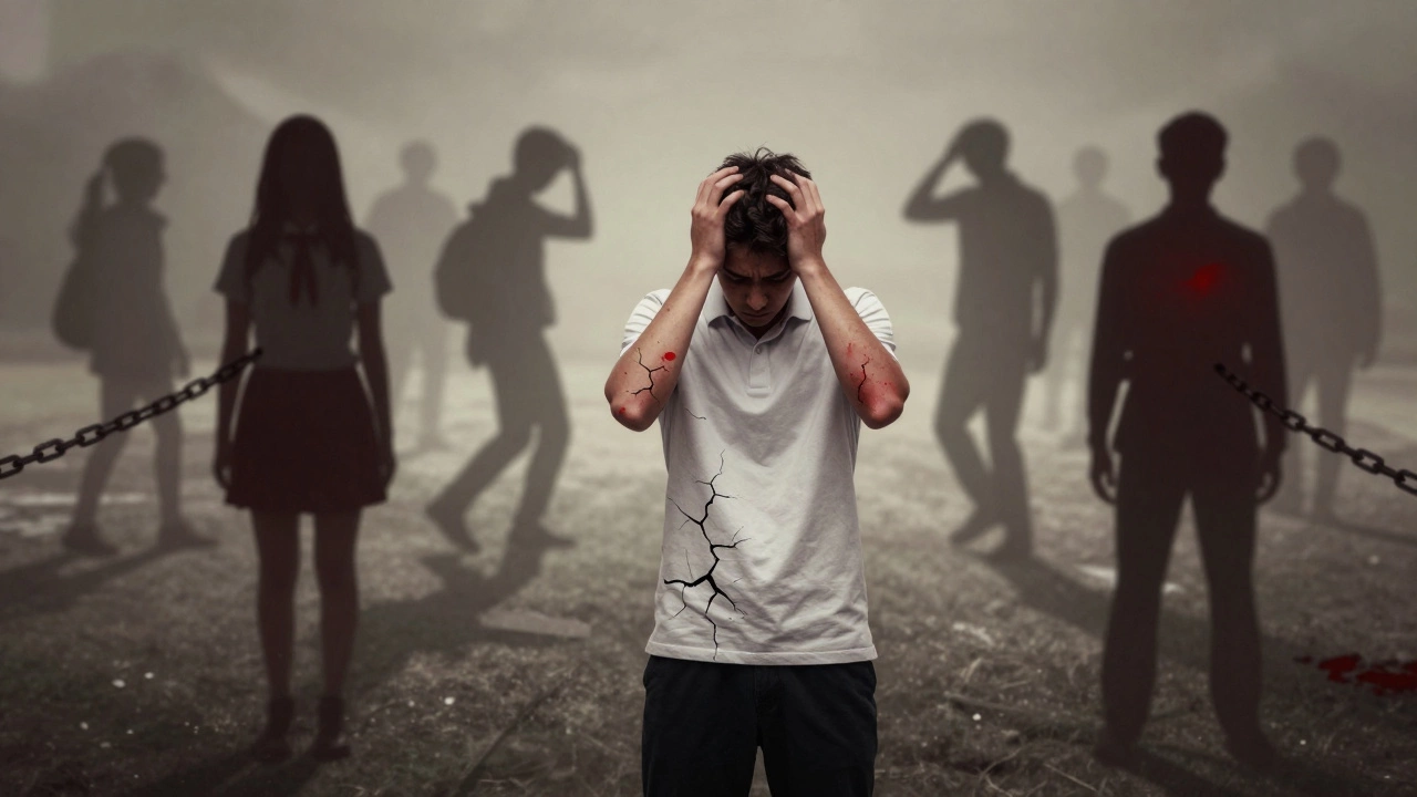 Surreal art of student feeling overwhelmed by rival silhouettes and stress
