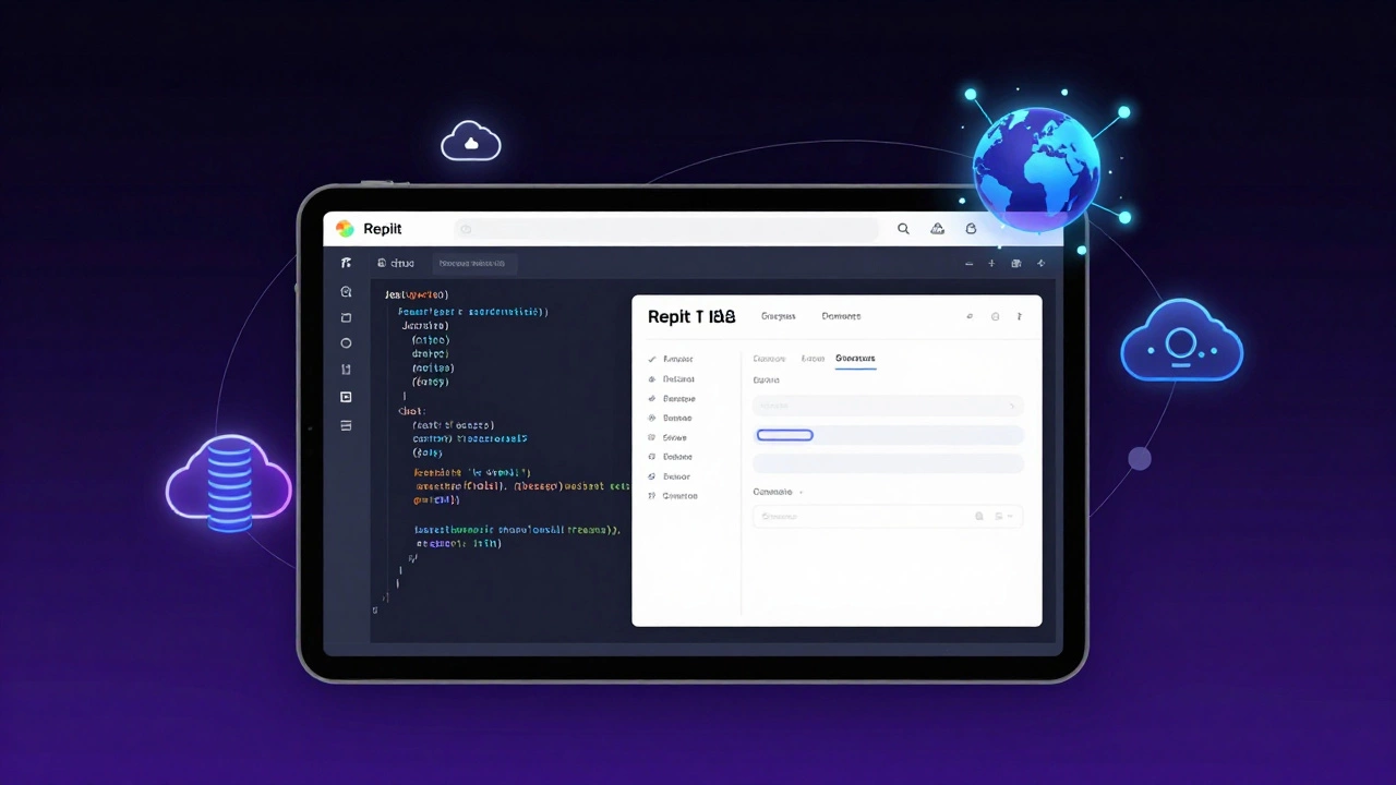 Tablet displaying cloud IDE with code and web preview