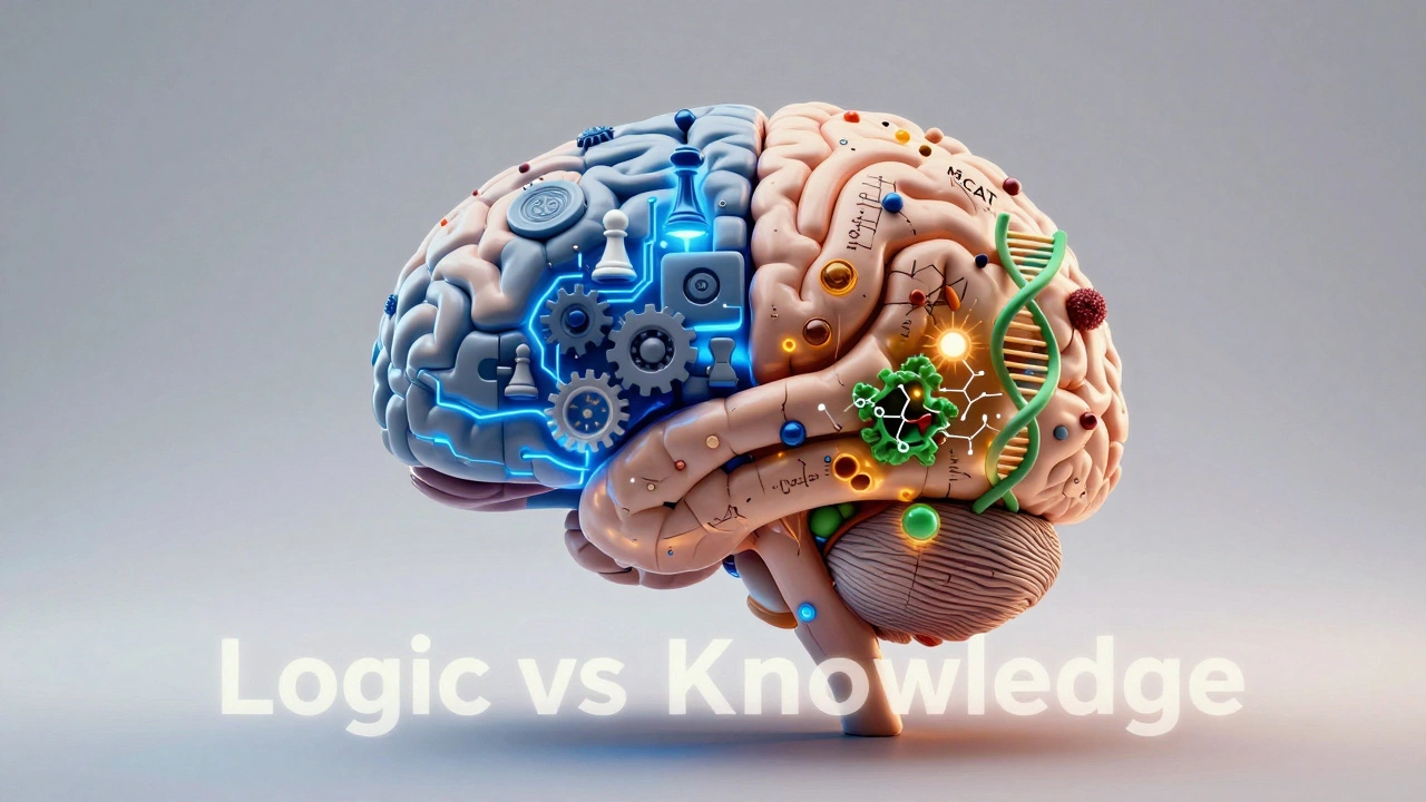 Brain illustration showing logic puzzles vs scientific knowledge