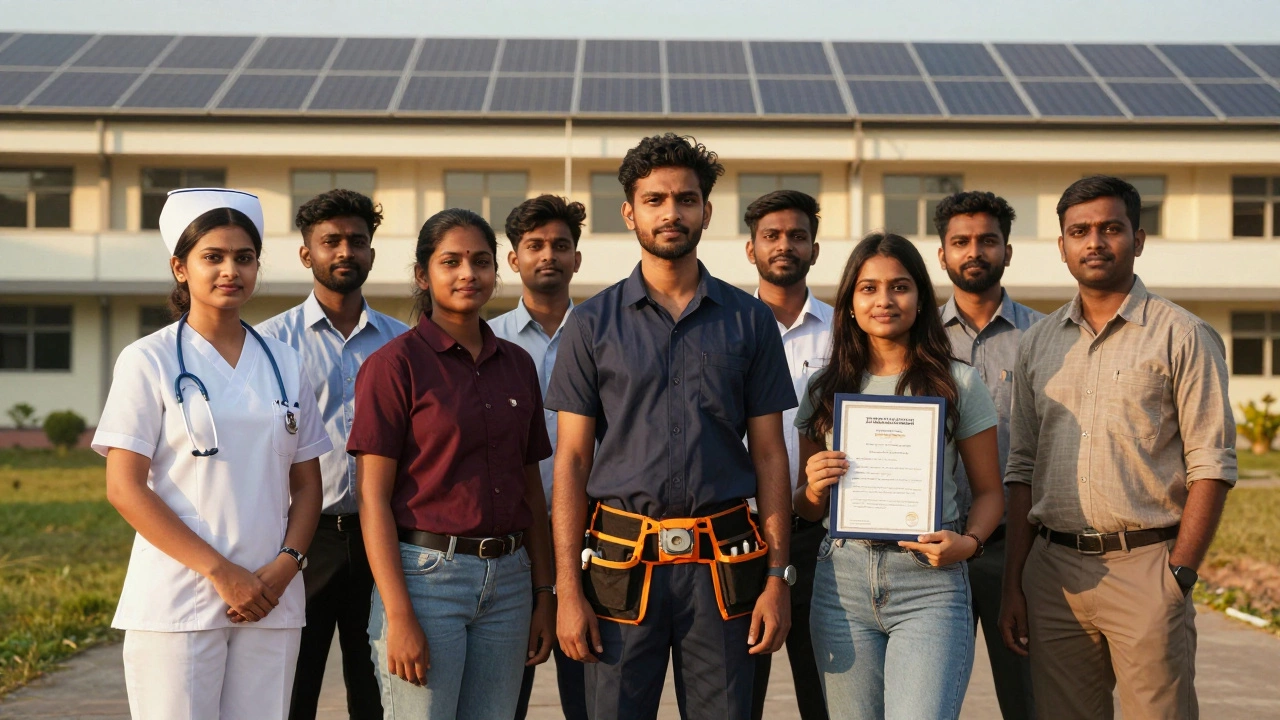 Diverse graduates in trade uniforms celebrating job placement