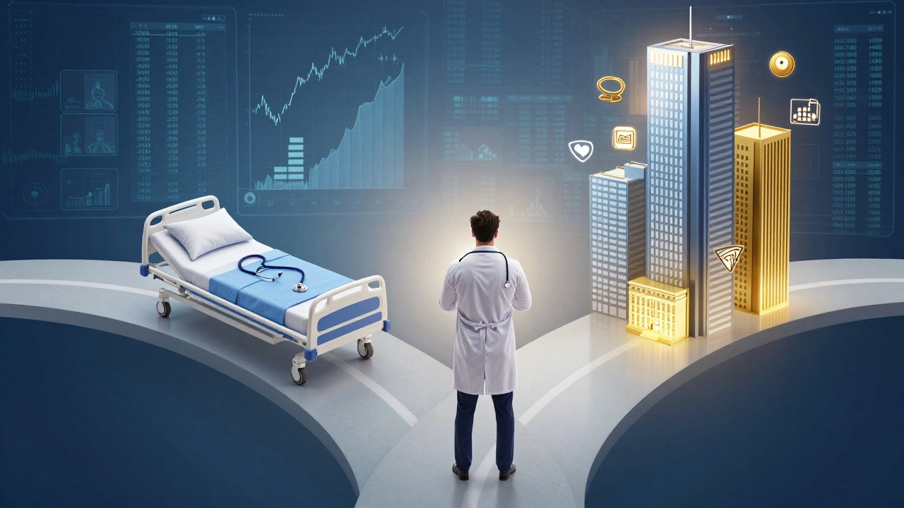 Doctor choosing between clinical practice and business empire