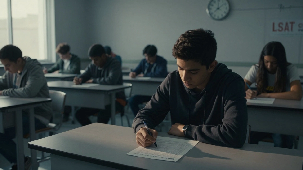 Exhausted student in a testing center during a long exam