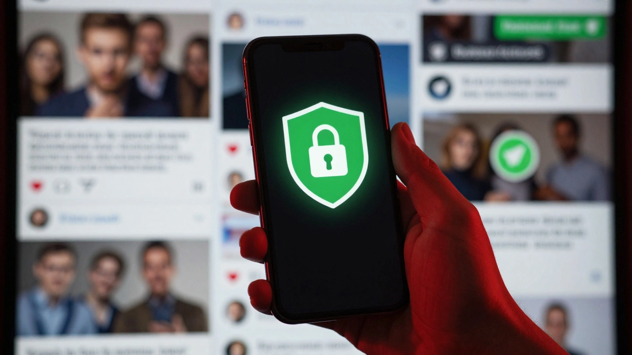 Hand holding phone with security shield icon warning against fake job scams