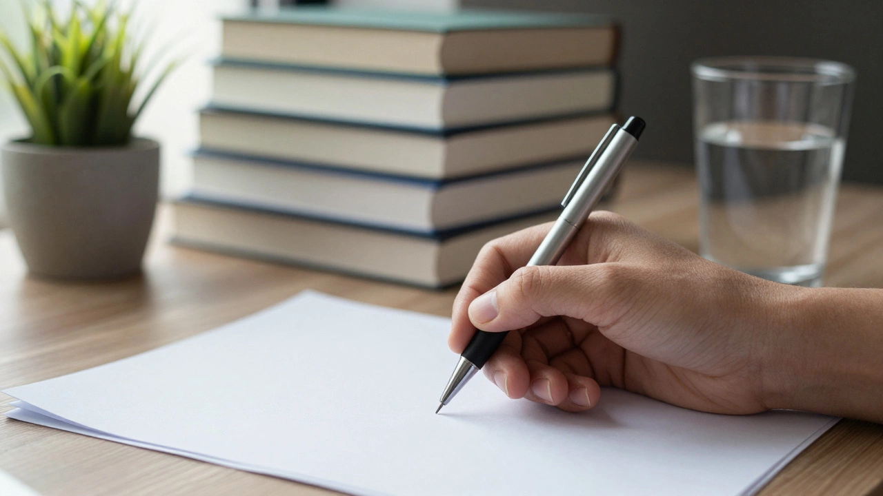 Hand writing notes with study materials and healthy items on desk