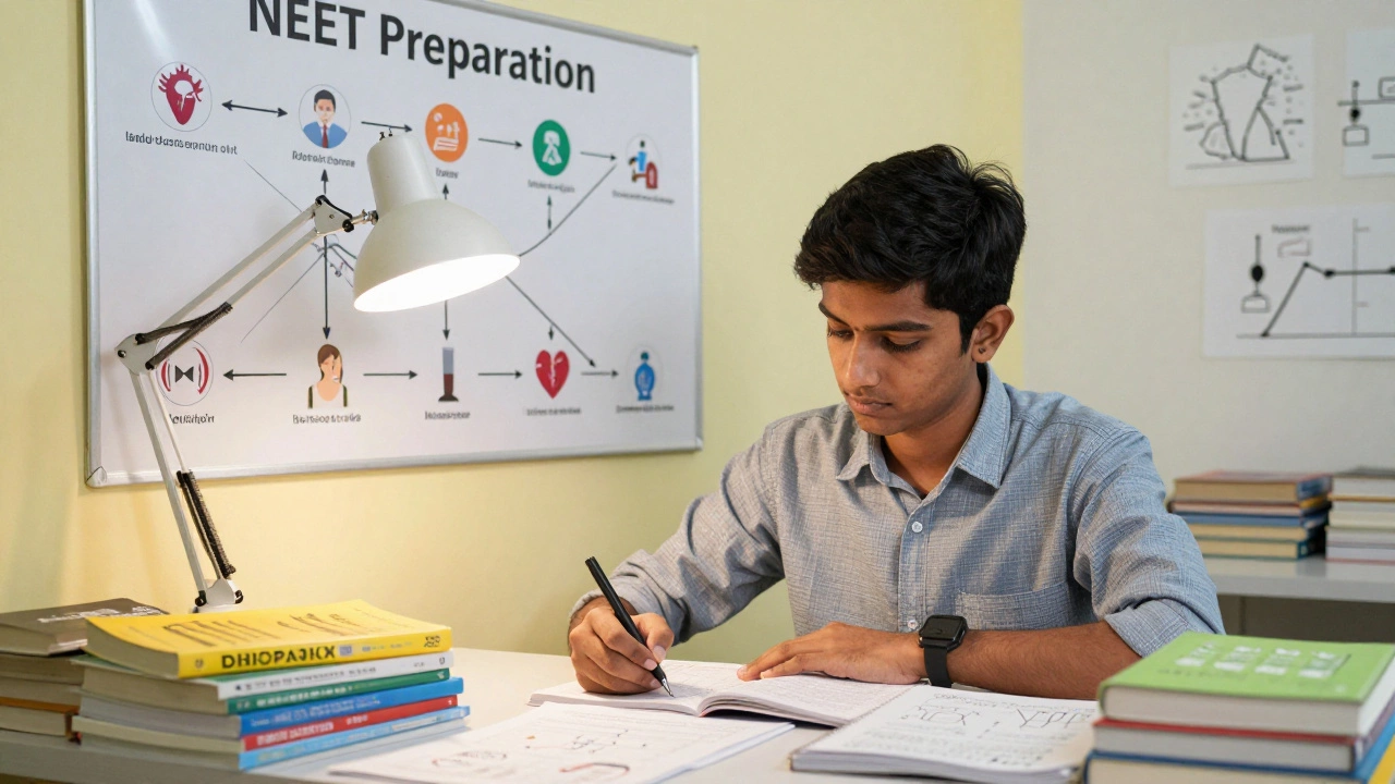 Indian student studying NEET materials with career roadmap