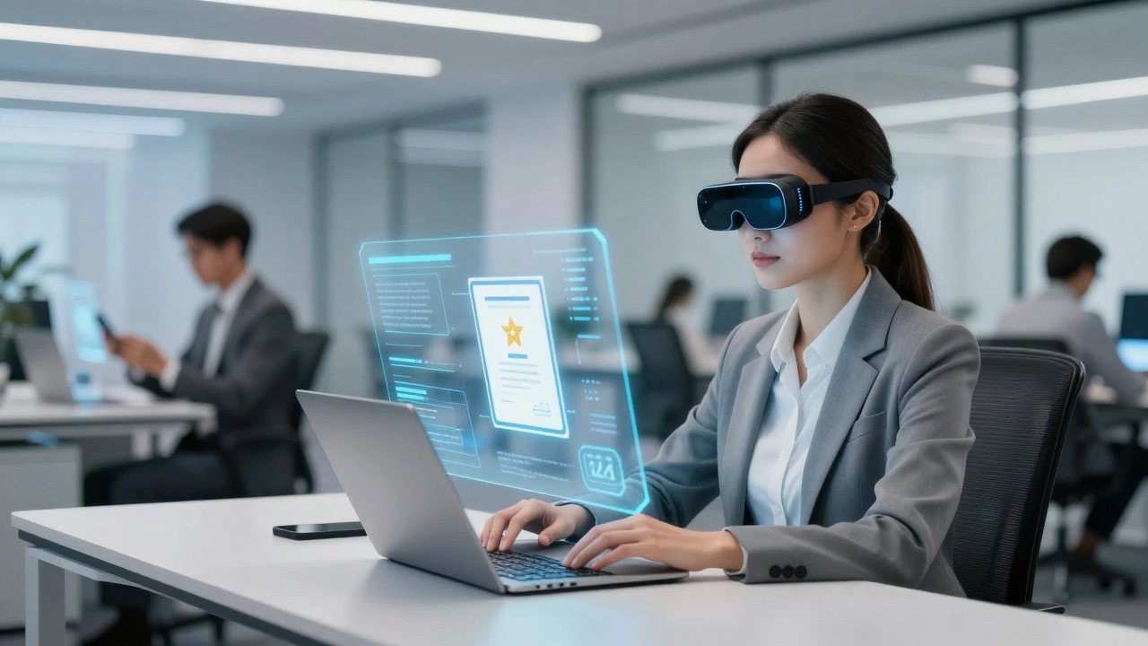 Professional using AR glasses for corporate eLearning analytics