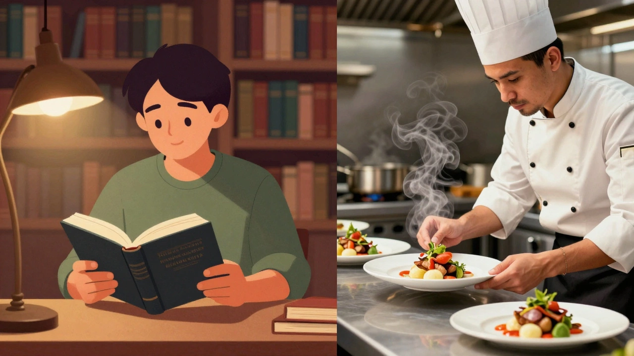 Split image comparing book study with hands-on culinary training