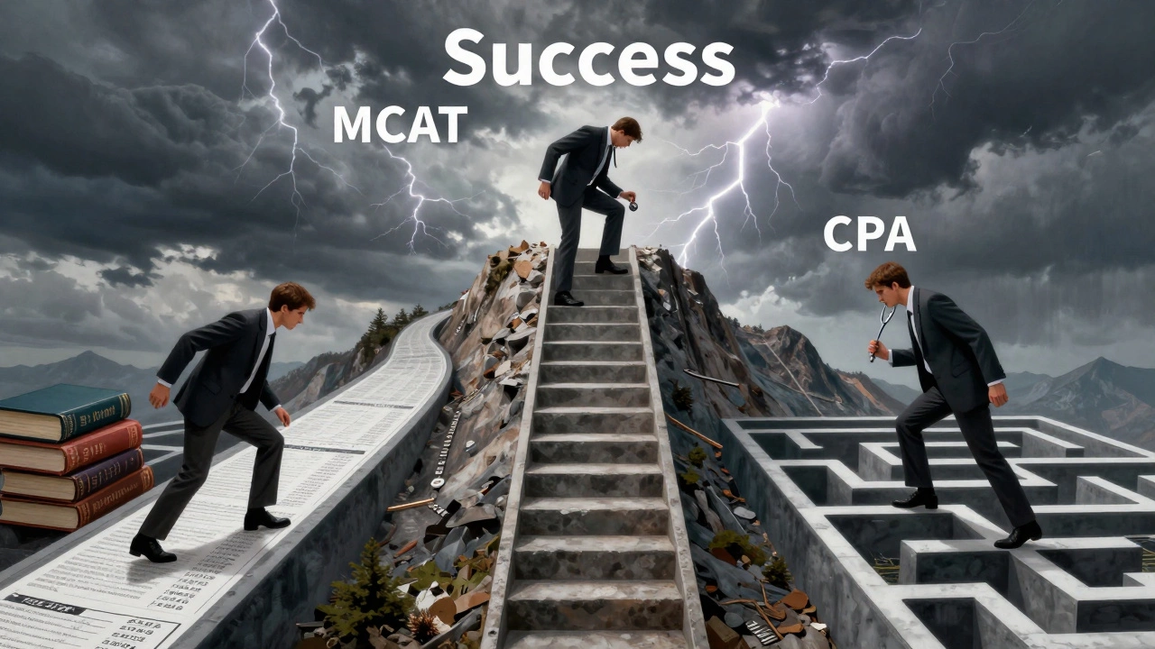 Three figures climbing difficult paths representing Bar, CPA, and MCAT exams