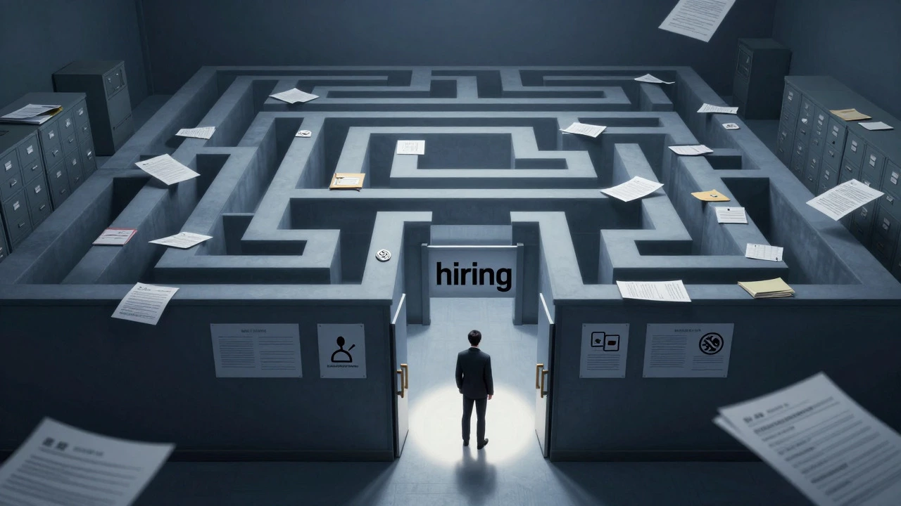 Applicant navigating a symbolic labyrinth of bureaucratic paperwork and hurdles.