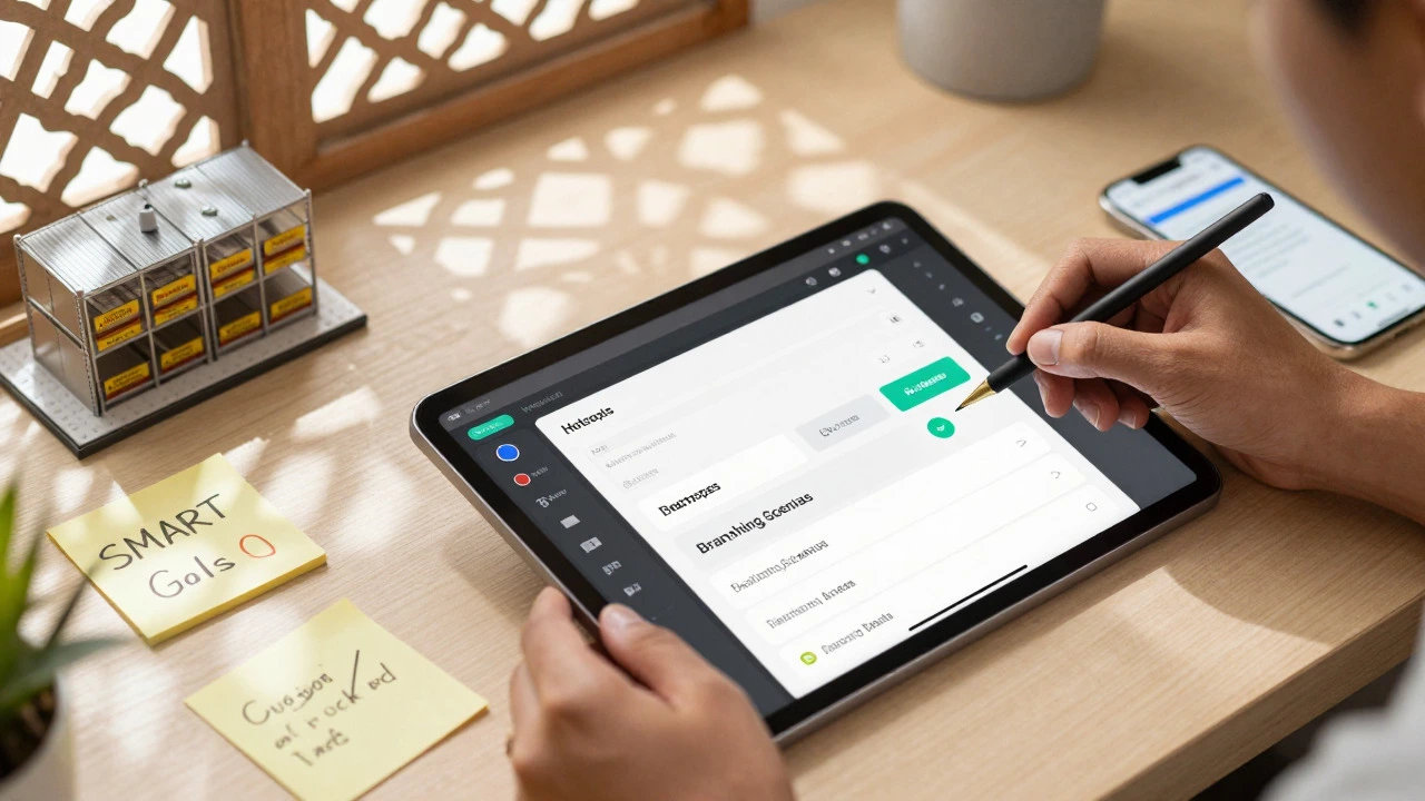 Designer creating interactive course modules on tablet with planning tools