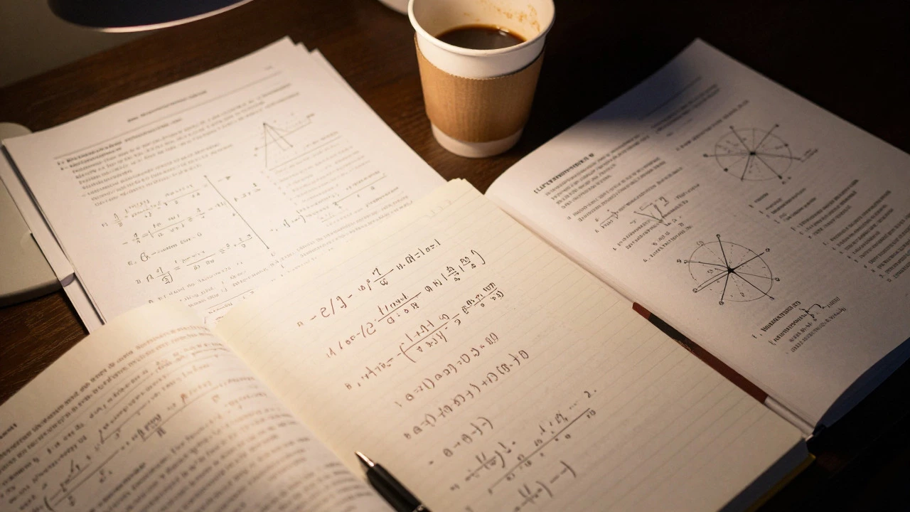 Desk with calculus notes and physics textbooks under warm light