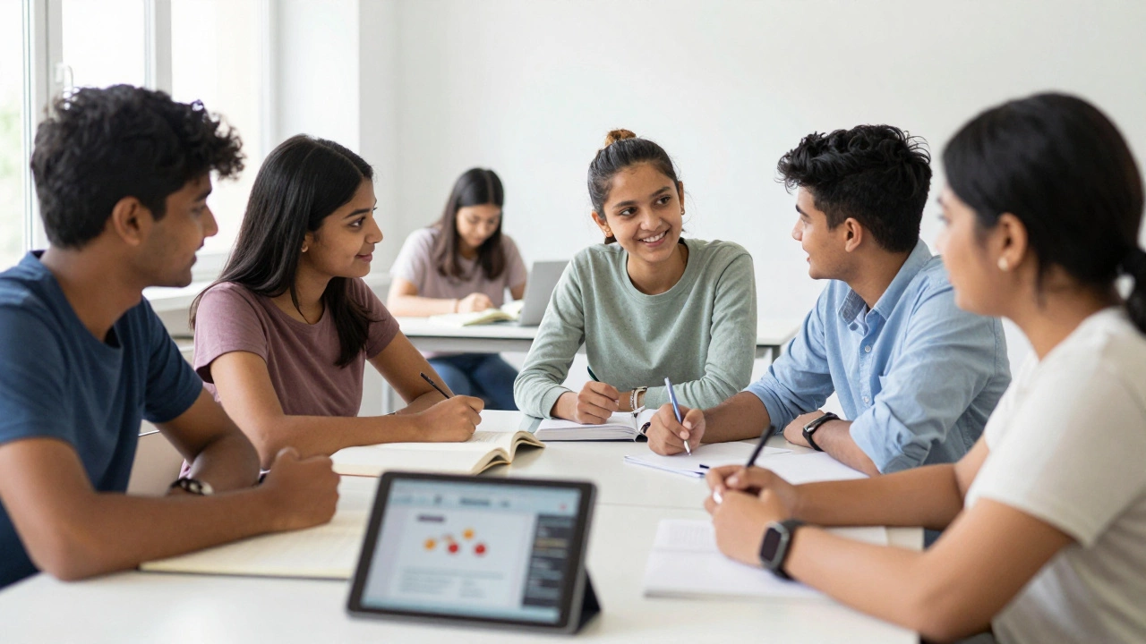 Diverse Indian students collaborating happily in a bright modern classroom