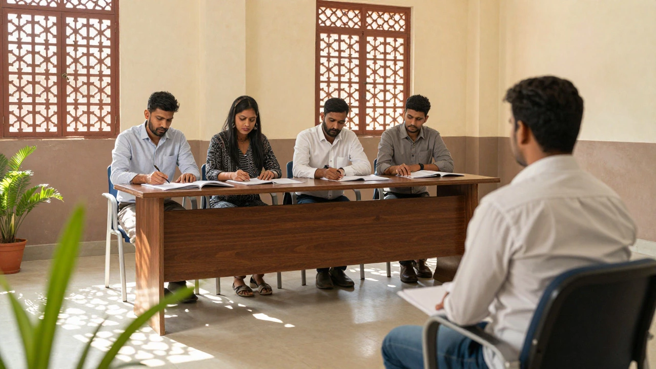 Job candidate interviewing with a panel in a sunlit community hall in India.