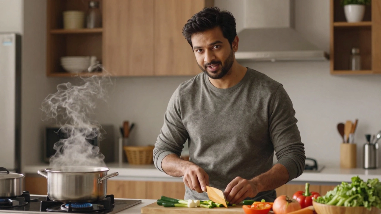 Man narrating cooking tasks aloud in kitchen