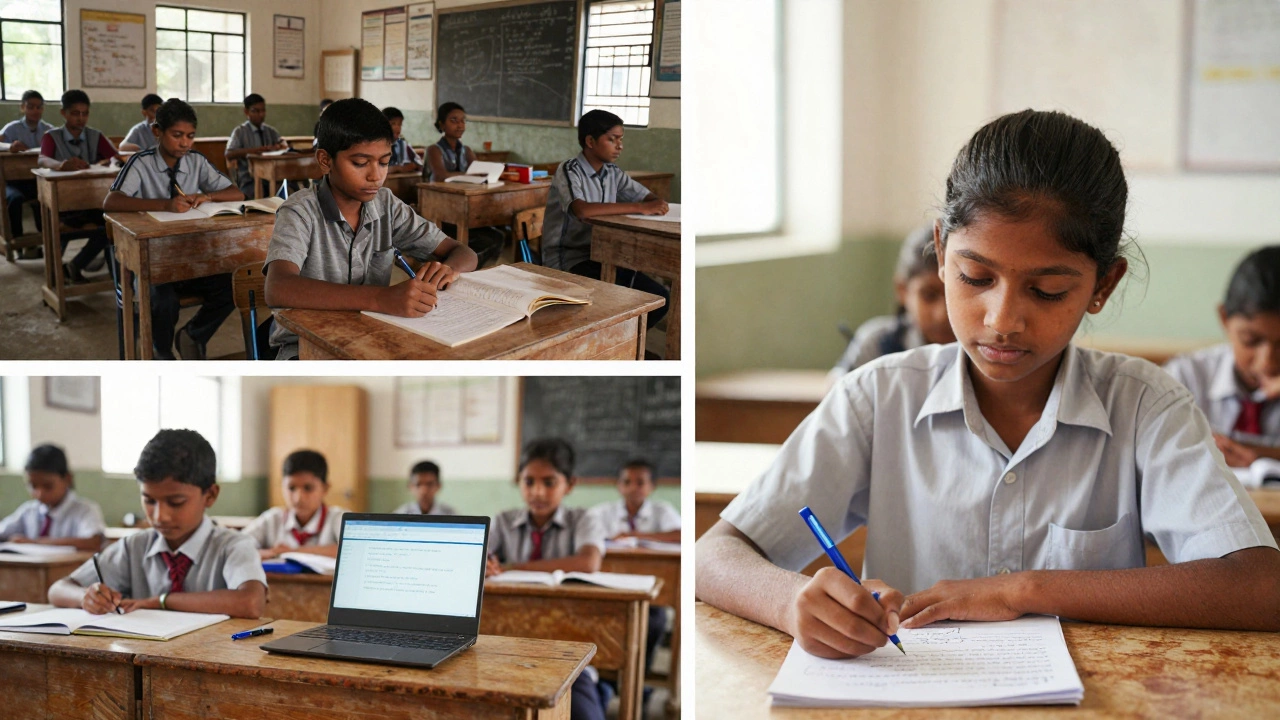 Split scene showing diverse learning environments across Indian state schools